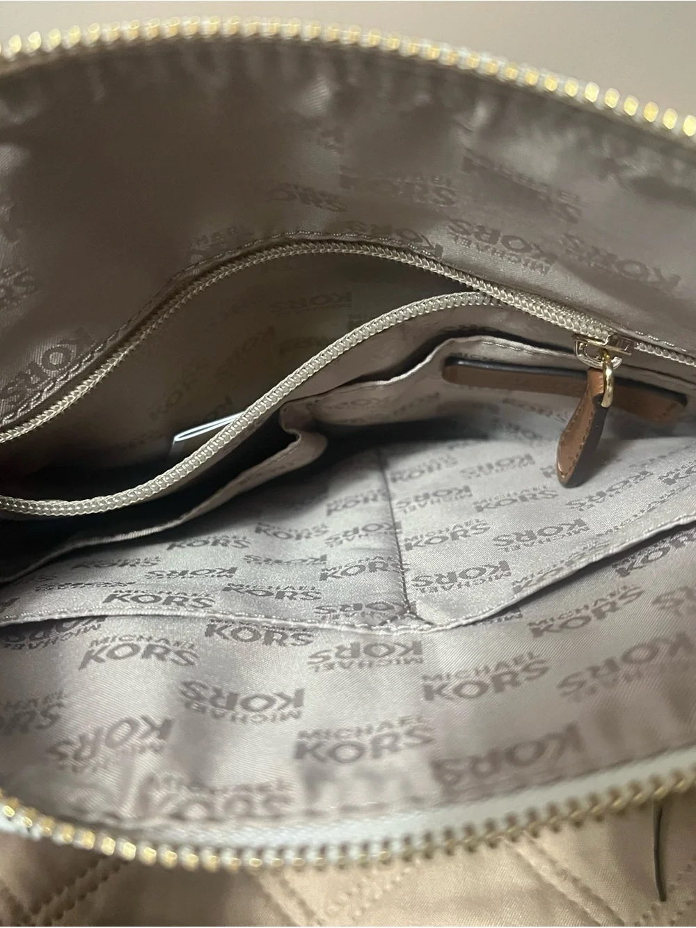 Michael Kors White and Brown MK Logo Crossbody with Leather Trim